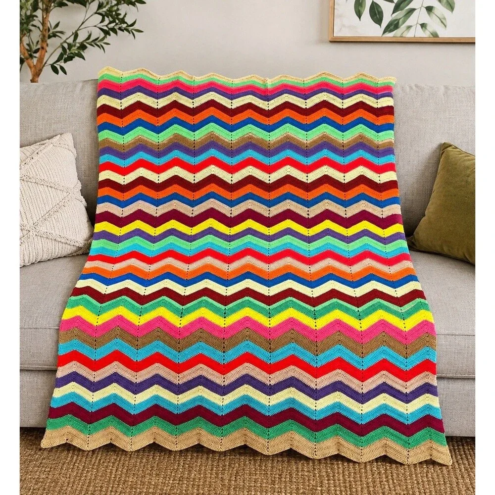 Handmade Crochet Chevron Afghan Blanket Multicolor Rainbow Boho Retro 69x49